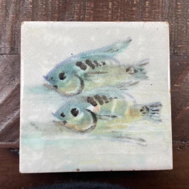 ANTIQUE DUNSMORE FISH SERIES TILE DESIGNED AND PAINTED c 1930's 4" TILE