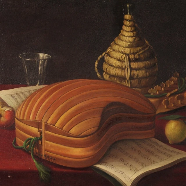 Bodegon antiguo instrumento musical pintura oleo sobre lienzo cuadro 800