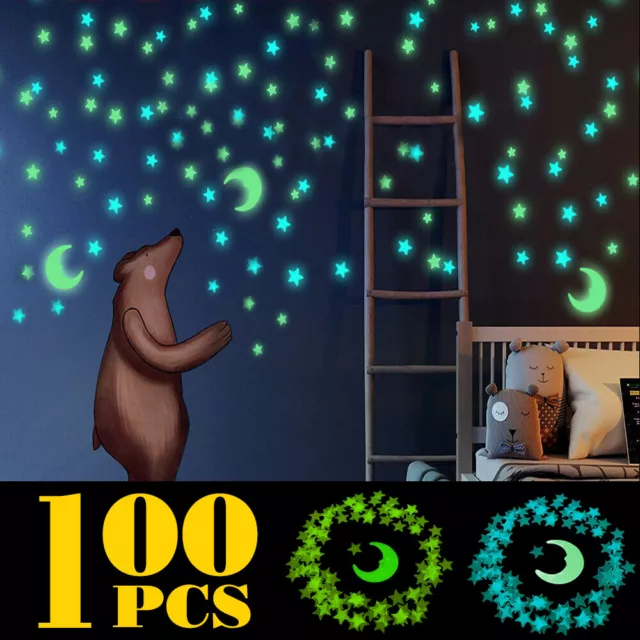100 Wall Glow In The Dark Stars Stickers Baby Kids Nursery Bed Room Ceiling Cute 2