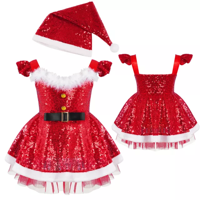 US Baby Kids Girls Mrs Claus Santa Christmas Costume Princess Sequins Tutu Dress