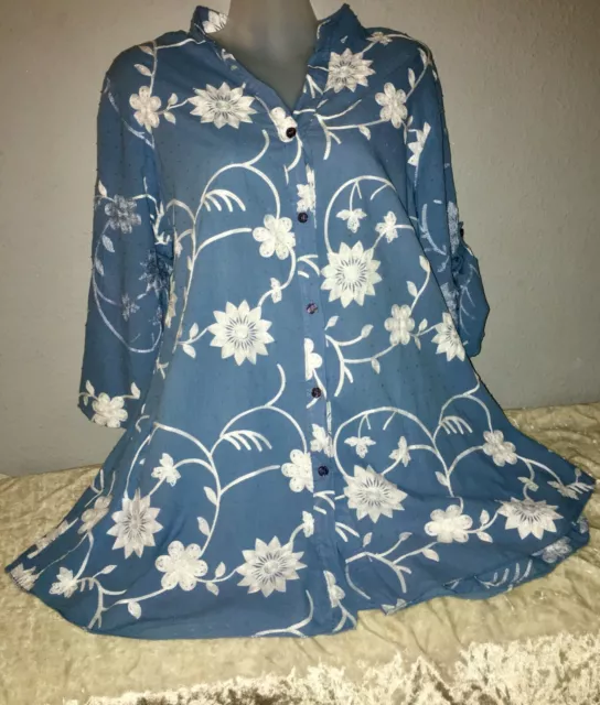 Made in Italy Tunika Bluse blau weiss WoW bestickt Frühling SoMMeR 44 46 XL