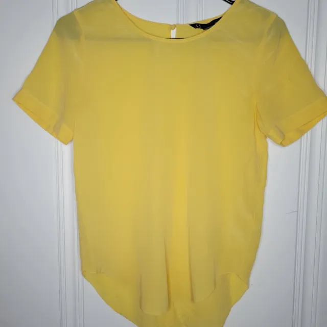 Armani Exchange Women’s Sheer Yellow T-shirt Top Blouse Sz XS 100% Mulberry Silk