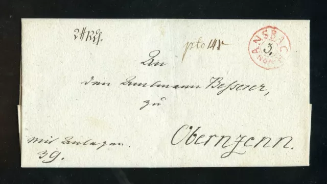 BAYERN BRIEF roter K2 VON ANSBACH mit Hds. 3. (1807) OBERNZENN !! (959915)