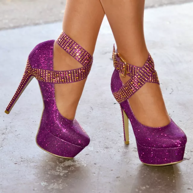 Escarpins à boucle étincelante pour femmes plate-forme chaussures talons de fête taille 4 VIOLET 2
