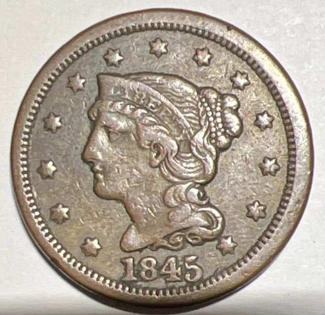 VF 1845 Braided Hair Large Cent -Very Fine -US Type Coin 1c Actual Photos A1