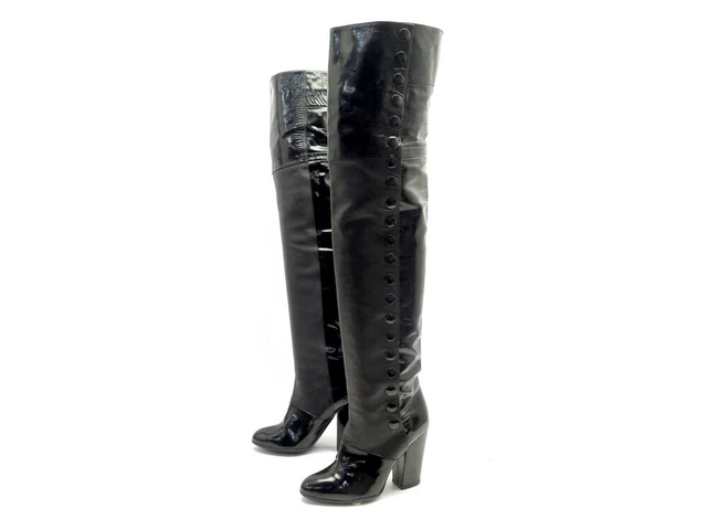 Chaussures Bottes Chanel G26293 Cuissardes 37 Cuir Vernis Noir Black Boots 2300€