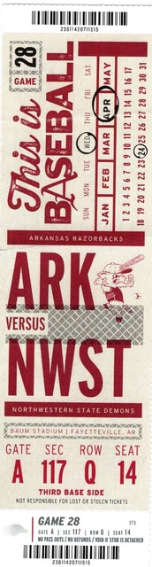 Arkansas Razorbacks Baseball Ticket Stub Northwestern St 4/24/2019 Baum Stadium