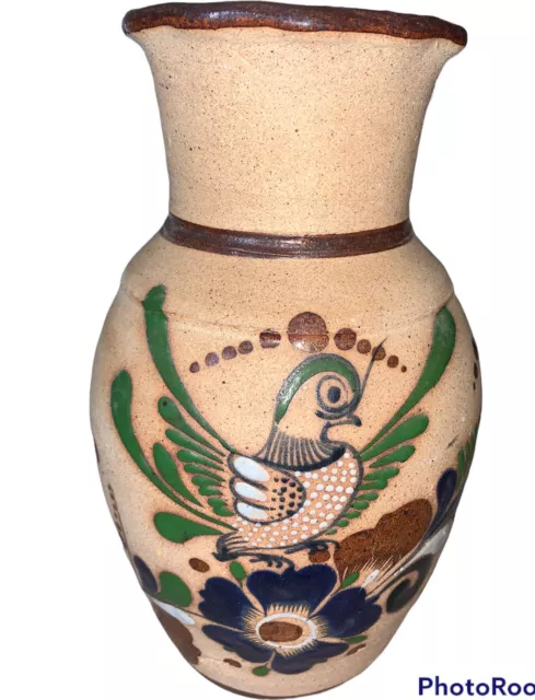 Folk Art Pottery Vase Mexican Tonala Bird And Flowers Vintage Signed 8.5”x 3.5”