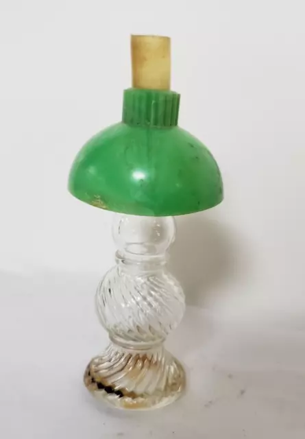 Vintage Glass Hurricane Lamp with Green Slag Style Plastic Shade Perfume Bottle