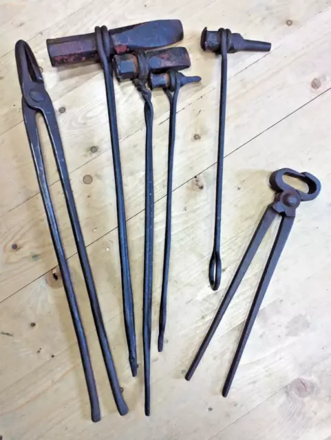 Vintage Blacksmiths tools x 6 Hot chisel set and tongs including Griffin / Helle