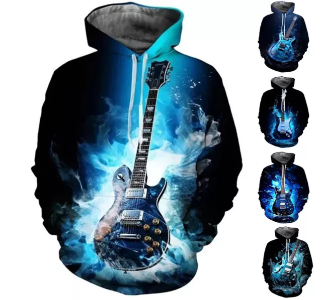 Mens Graphic Print Hoodie Sweatshirt Top Electric Guitar - Sizes Xs-6xl