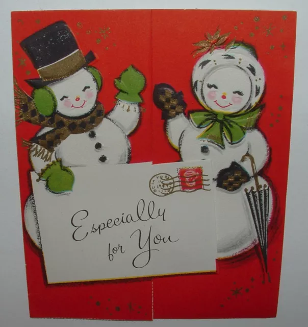 UNUSED -Gold Accents - Snowman Couple - 1950's Vintage Christmas Greeting Card