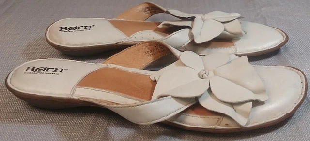 Born Sandals Womens  9 Thong Slide Flip Flop White Leather Oversized Flower
