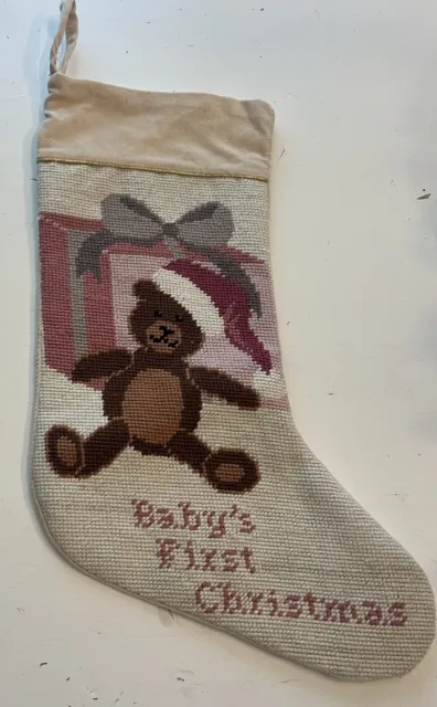 Needlepoint Christmas Stocking Baby’s First Pink Wool Lined Velvet 19” EUC