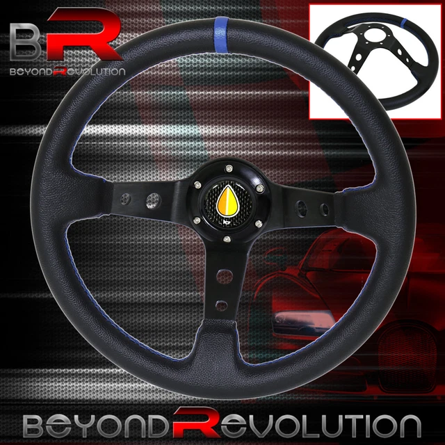 Universal 350mm Steering Wheel Pvc Leather Deep Dish Black Blue Fukushi Button