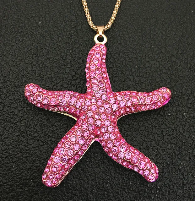 Betsey Johnson Pink/Blue Crystal Rhinestone Starfish Pendant Sweater Necklace