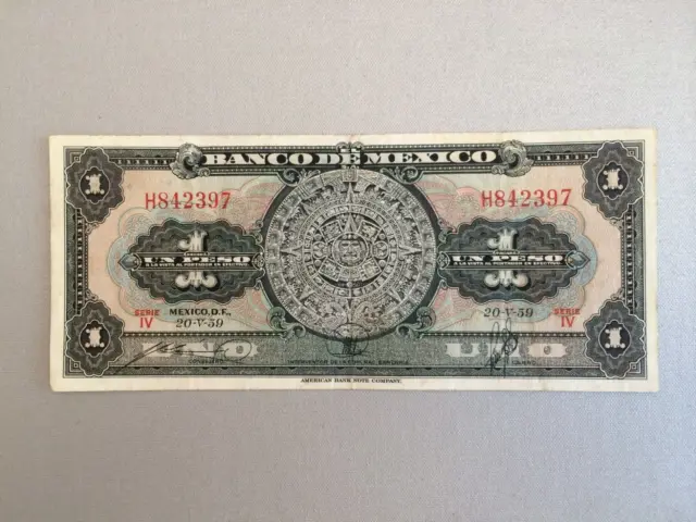 1 Peso Mexico Banknote 1959 Aztec Calendar Serie Iv 97