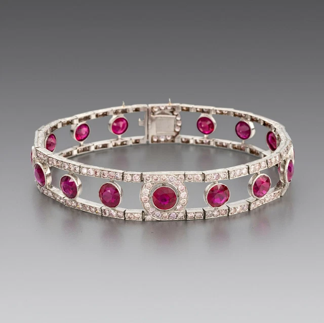 Old Vintage Style Bezel Set Burmese 20.CT Pink Ruby With Clear White CZ Bracelet