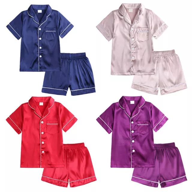 Kids Satin Pyjamas Nightwear PJs Set Silk Short Sleeve Shorts Button Sleepwear