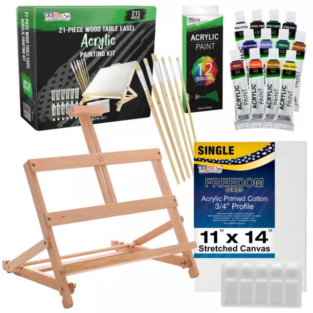 21pc Artist Acrylic Painting Set, Easel, 12 Paint Colors, Canvas, Brushes, Kit
