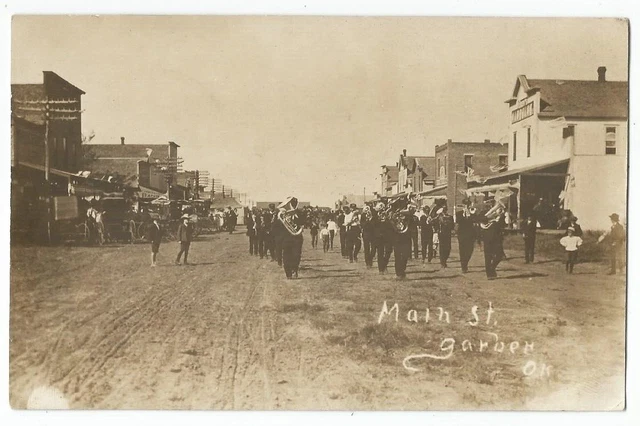 Garber, OK Oklahoma 1910 RPPC Postcard, Parade with Band, Main Street Scene