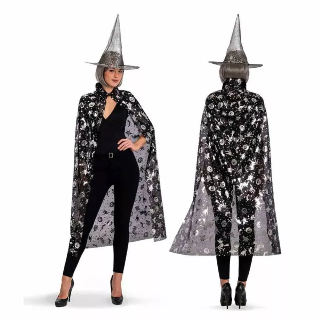 Costume strega adulto mantello cm 120 cappello con argento Halloween Carnevale 2