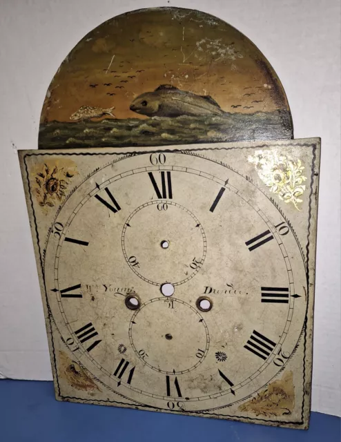 Antique Scottish Grandfather Clock Dial Young Dundee Hand-Painted Leaping Fish