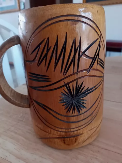 Bamboo Hand Carved Jamaica Beer Mug Cup Tiki Bar Etched Leaves Wood Carved