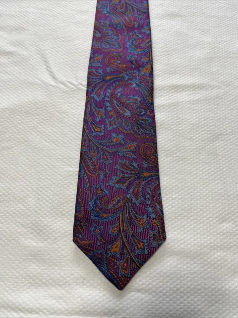 David Donahue Men Italian Silk Tie Blue/Purple Paisley Hand Made in USA EUC