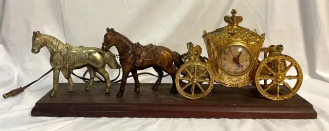Working United Clock Two Horse and Cinderella Carriage 1940's Gold Cherubs