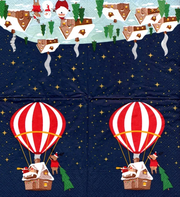Serviettes en papier Père Noël en montgolfière&village. Napkins Christmas Xmas