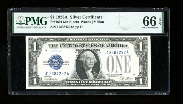 DBR 1928-A $1 Funnyback Gem Fr. 1601 JA Block PMG 66 EPQ Serial J12384292A