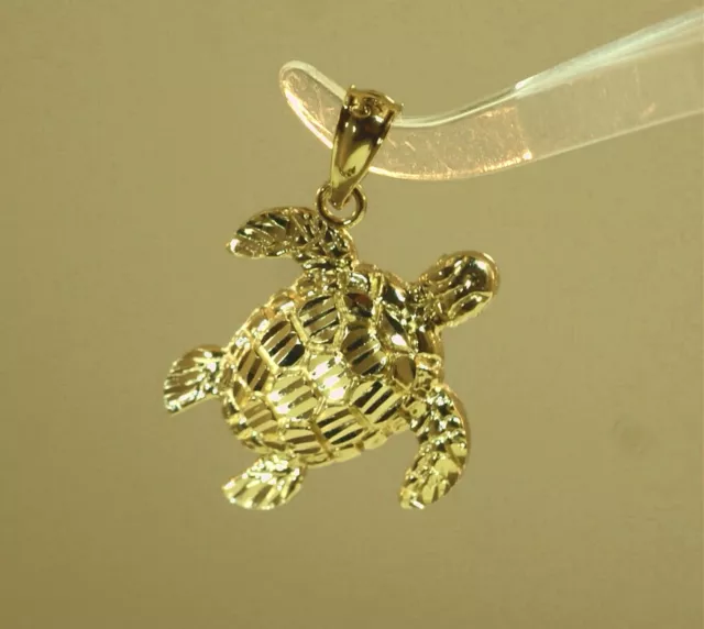19MM SOLID 14K Yellow Gold Sparkly Diamond Cut Hawaiian Honu Turtle ...