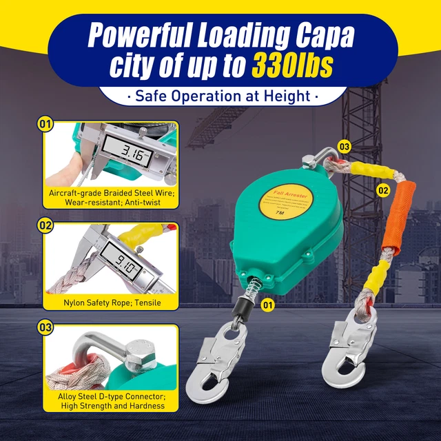 SELF RETRACTING LIFELINE Fall Arrester Fall Protection Snap Hook Safety ...