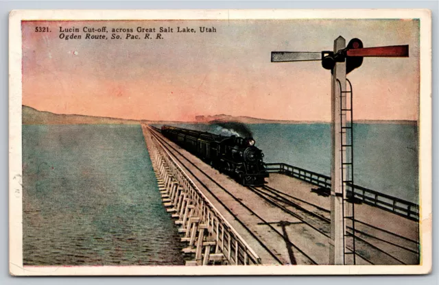 Great Salt Lake UT~Lucin Cut Off~Ogden Route~Southern Pacific Railroad~1920s PC