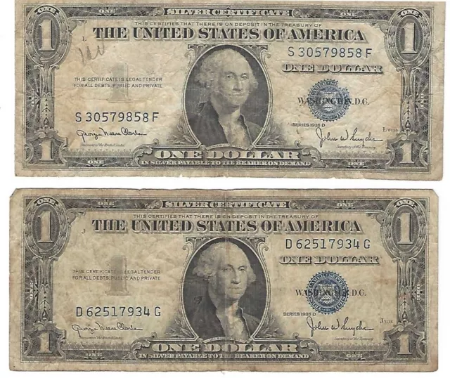 1935 Series D One Dollar Blue Seal Note Silver Certificate. Set of 2