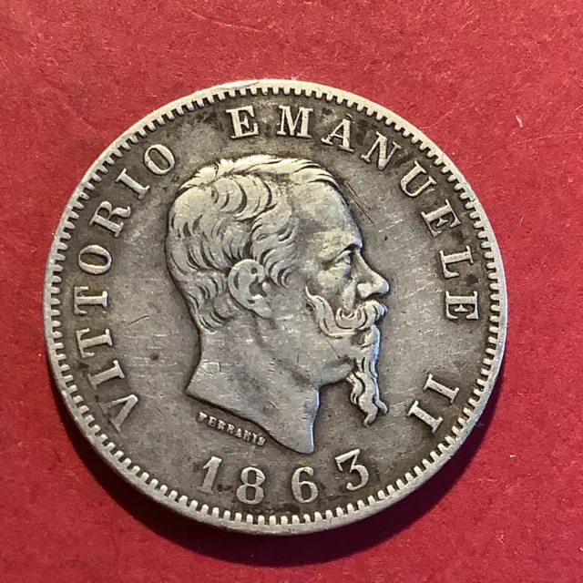Italy Vittorio Emanuele II 1 One Lire 1863 BN M 0.835 Silver AW825