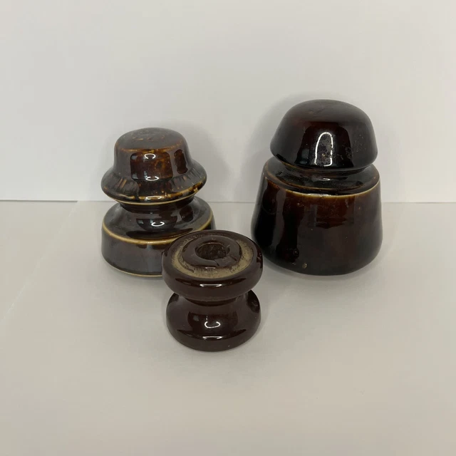 Lot of 3 - Vintage Brown Glazed Ceramic Electric Pole Insulators