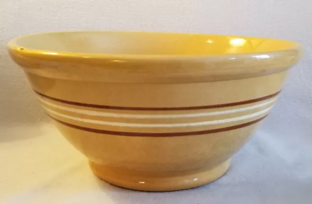 19th Century Large Yellow Ware Dough Bowl Brown & White Mocha Stripes 15" dia.