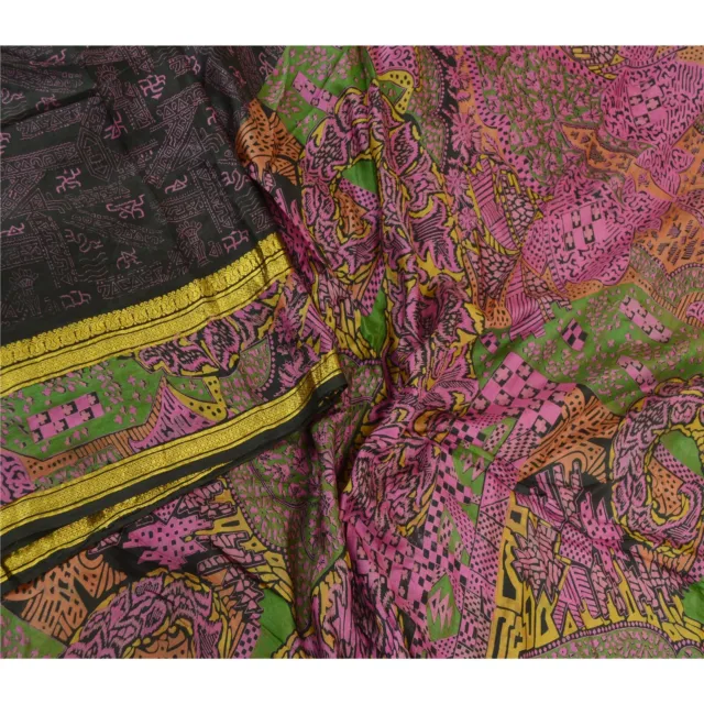 Sanskriti Vintage Saree Black/Pink Pure Silk Zari Border Print Sari Craft Fabric