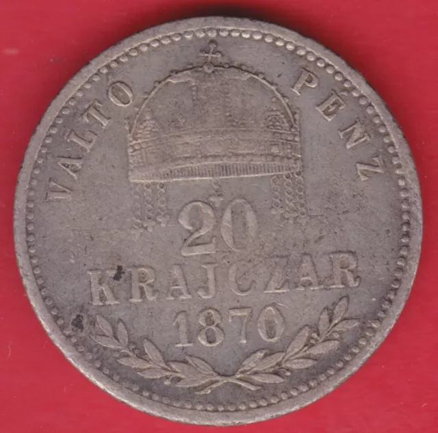 R* HUNGARY 20 KREUZER SILVER 1870 GYF aFINE DETAILS RARE #S135