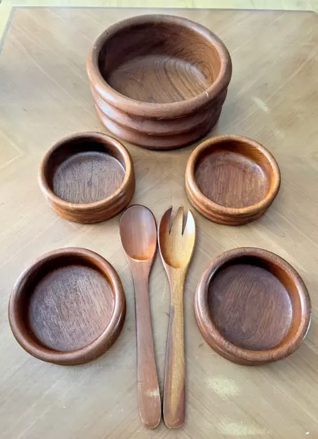 Vintage Kalmar Teak Wood Bowl & Utensil Set (Set of 7 Pieces)