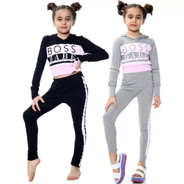 Kids Girls Crop Top Boss Babe Print Hooded Long Sleeves Top & Legging Outfit Set