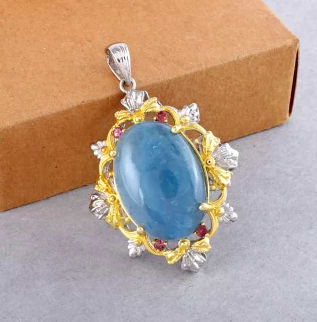 Victorian Era Aquamarine Pendant Necklace Antique Etruscan Revival Jewelry Gift