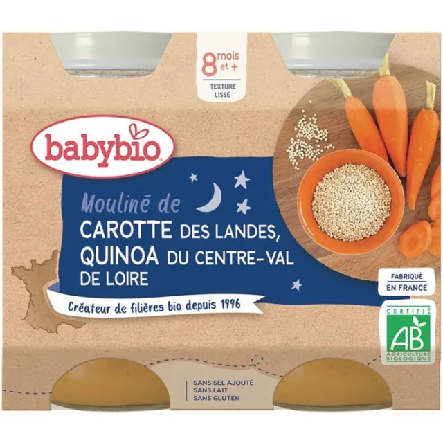 lot 3x2 BABYBIO Bonne Nuit Mouliné de carottes et quinoa bio dès 8 mois 200 gr