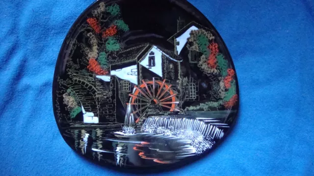 Assiette Céramique Noire LONGWY France " L'écluse " LUXEMBOURG " émaux fait main 2