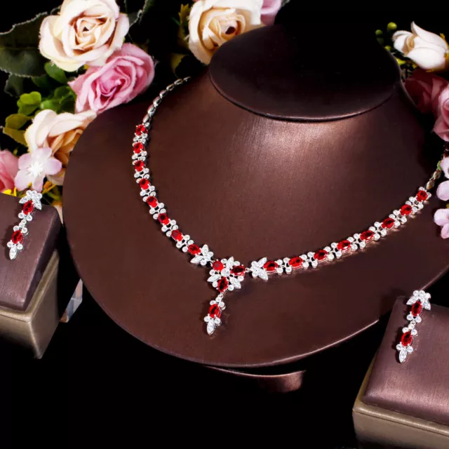 Beauty Red Cubic Zirconia Flower Necklace Earrings White Gold Plated Jewelry Set