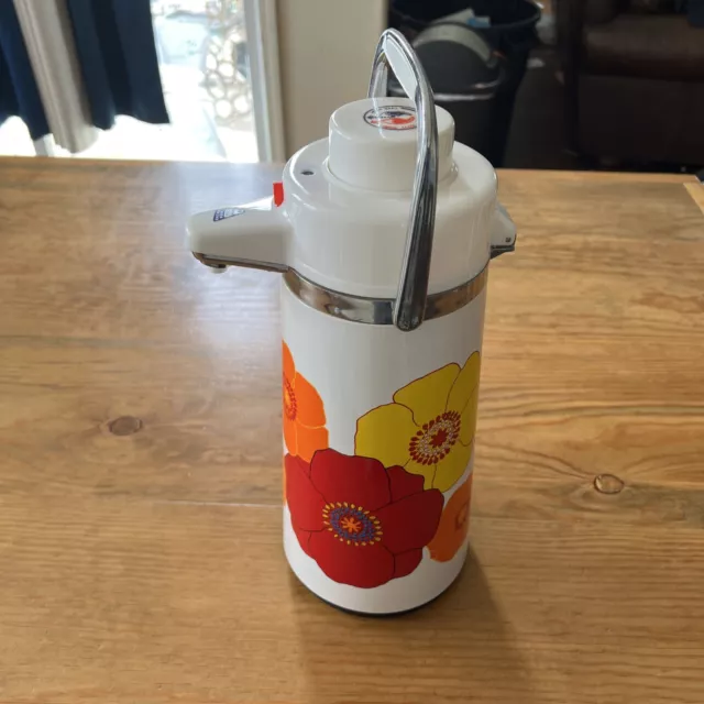 Vintage King Carafe Air Pot Pump Vacuum Dispenser Hot Cold Coffee Floral  1970s