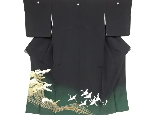 79880# Japanese Kimono / Antique Tomesode / Raging Waves & Cranes / Artist W