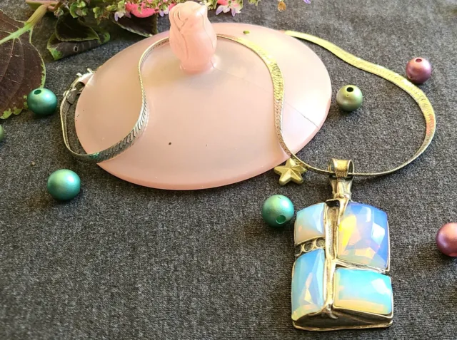 Vintage 1950's - Sterling Silver- 28g - Stunning Opalite Stone Pendant Necklace 2